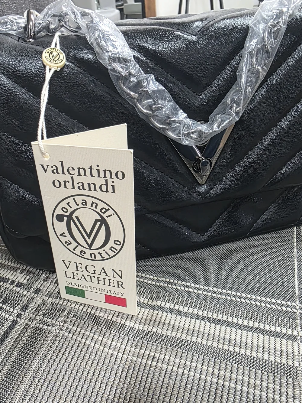 Valentino Orlandi Black Quilted Chevron Shoulder Bag with V-Logo